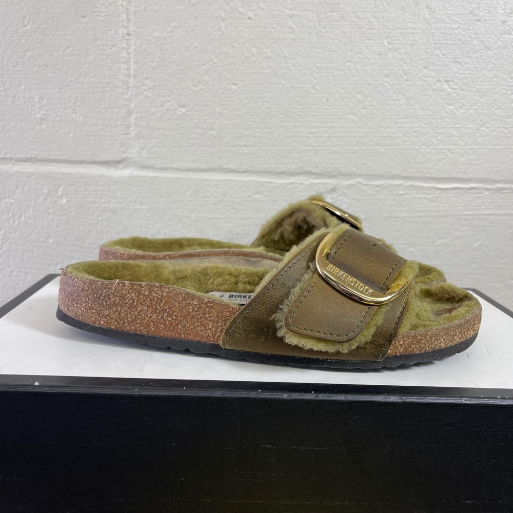 Birkenstock Madrid Big Buckle Shearling Sandals Olive Green Women's 38 EU/7 US